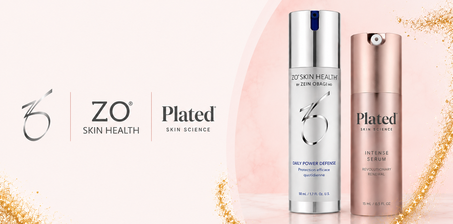 Minimalist Taft Aesthetics website graphic featuring ZO Skin Health® and Plated™ Skin Science. The design showcases premium ZO Skin Health® and Plated™ skincare products on a soft blush pink and white background with elegant gold shimmer accents. Brand logos appear alongside the products, creating a clean, luxury aesthetic that highlights medical-grade skincare and regenerative skin science.