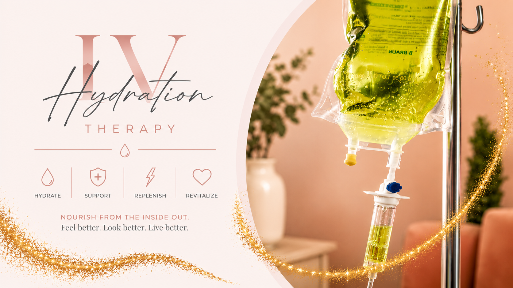 Luxury Taft Aesthetics IV Hydration Therapy website graphic featuring an enhanced close-up of a golden IV hydration bag hanging on a medical IV stand. The design uses soft blush pink, white, and gold accents with elegant typography reading